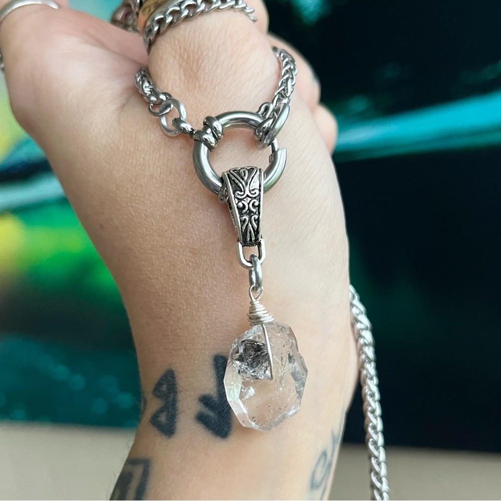 Genuine big herkimer diamond stainless steel wheat chain clasp in front necklace - Picture 10 of 15